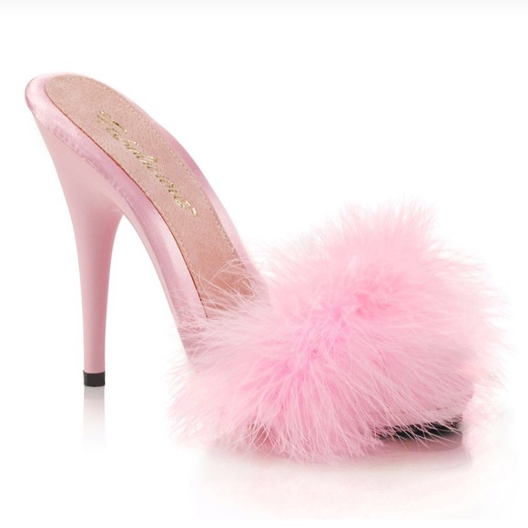 Dolls Kill Shoes - Marabou Fur / Satin Slide Sandal Baby Pink